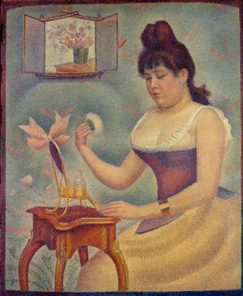 Courtauld 09 Georges Seurat - Young Woman Powdering Herself 9. Paul Cezanne - Card Players. 1890-92, 56 x 69 cm. Le pre Alexandre sits upright and puffs on his pipe as he faces down his opponent. There is a cool authority to the way he stands. He's all tubes; his tall round hat, long face, sleeves, all have a mathematical roundness, making him the human equivalent of a Czanne landscape - like the rocks, he's burned down to geometry.